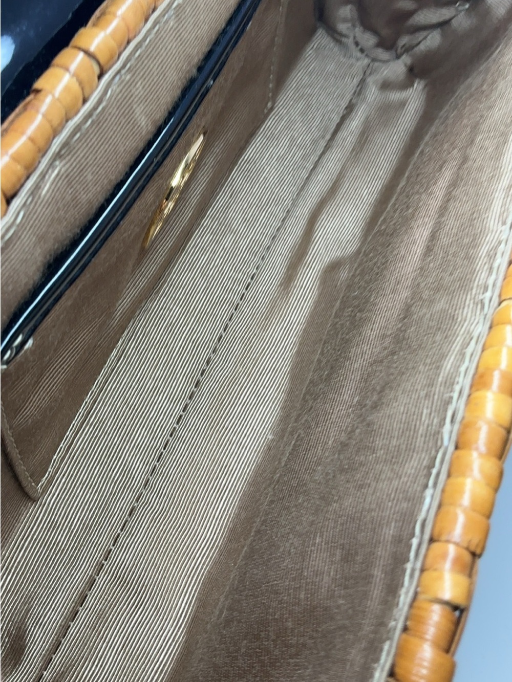 Tory Burch-Inspired Tan Woven Clutch with Black Patent Trim - Picture 9 of 11